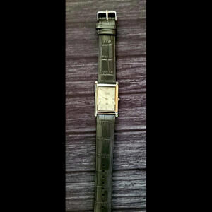 Vintage‎ Tank Rectangular Gorgeous White Dial Blk Leather Men Dress Watch⌚